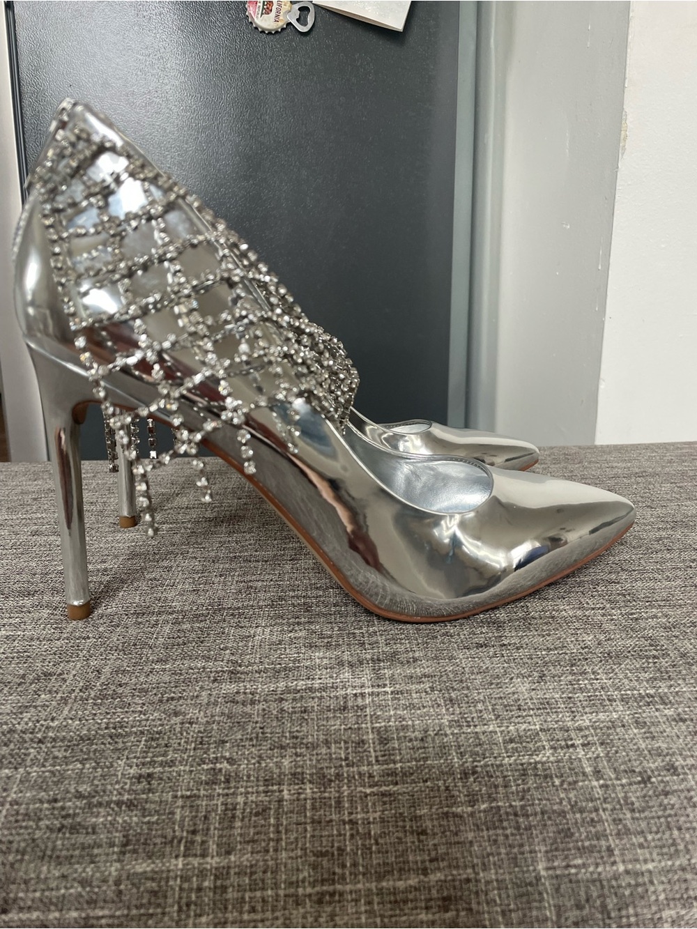 Silver Crystal-Embellished Pointed Toe Heels